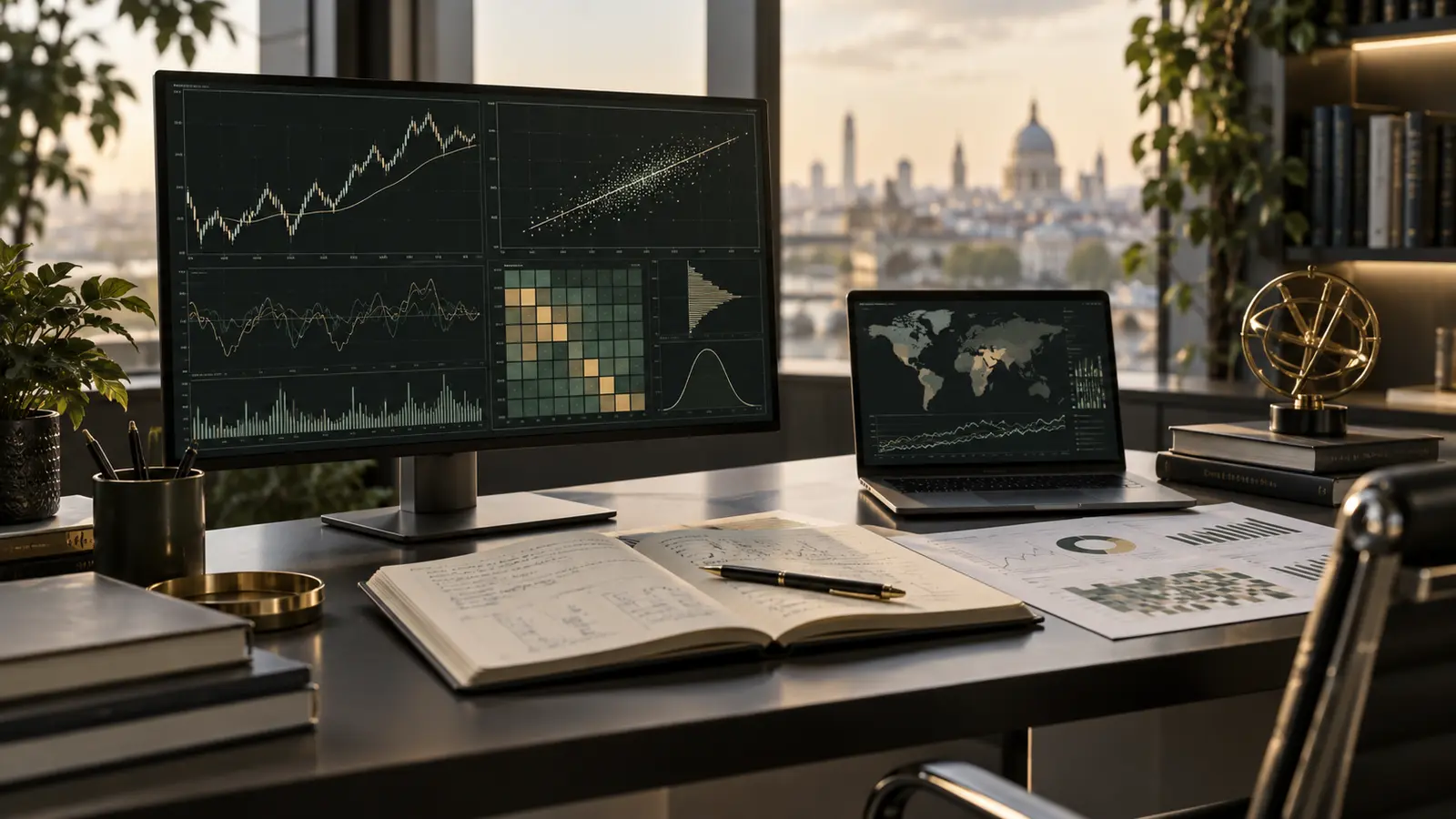 AI-generated visual of a quantitative research workspace with financial charts and research materials